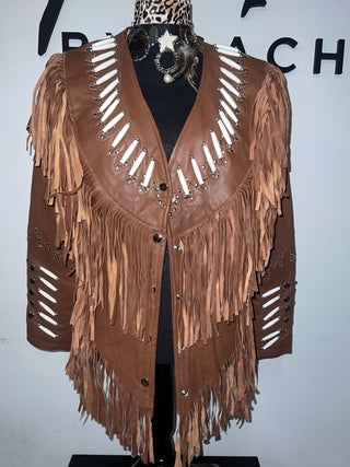Brown Leather Fringe Studded Jacket