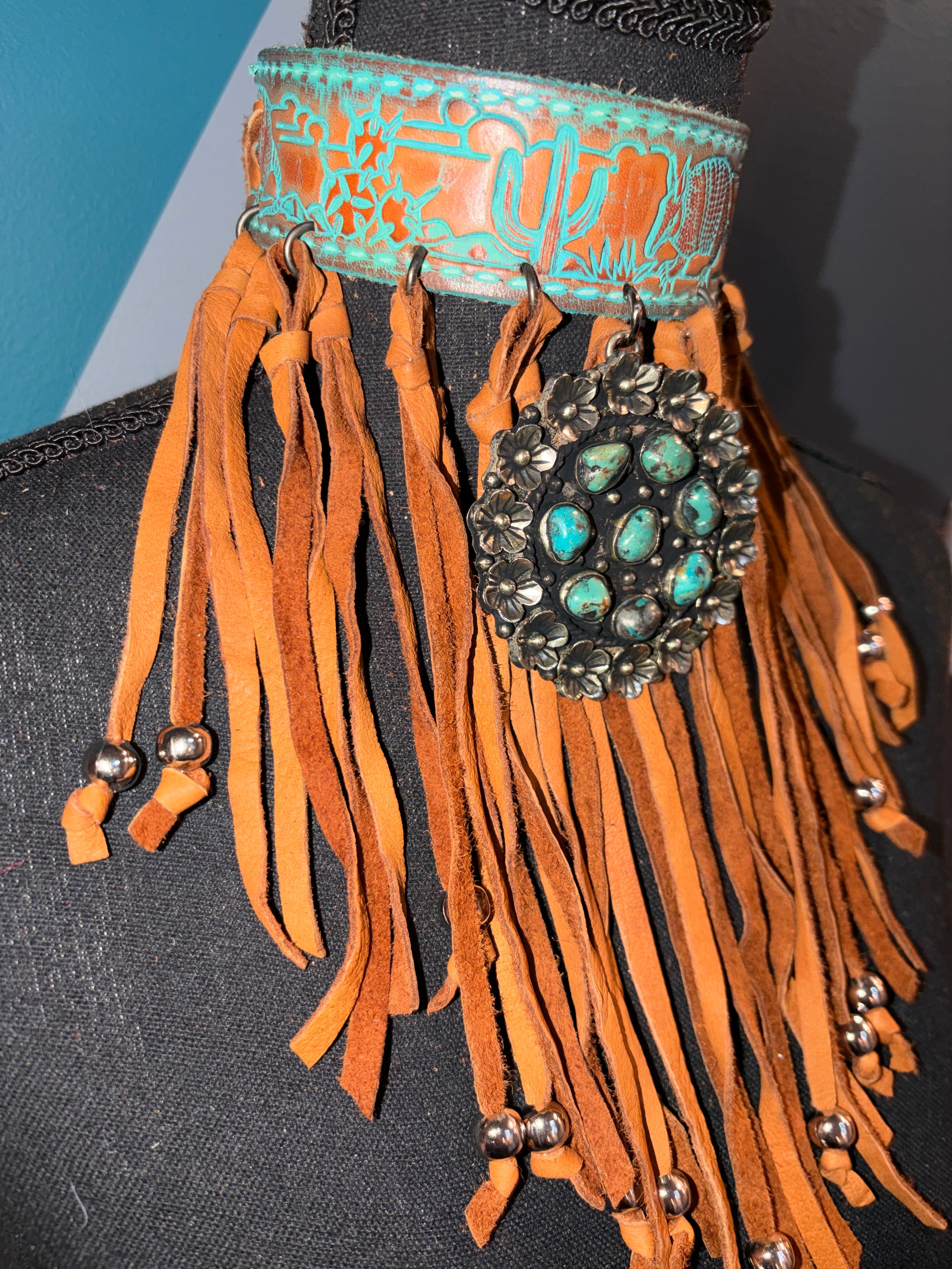 Turquoise Marble Fringe Handmade Leather Choker - The Vault by Sacha