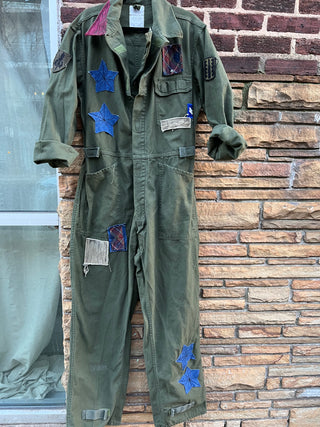 Custom Denim Stars Patchwork Utility Jumpsuit