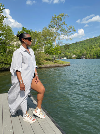 Grey and White Striped Shirt Dress