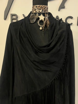Suede Wrap Fringe Cardigan