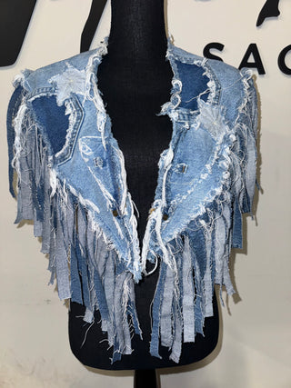 Custom Double Fringe Denim Poncho - The Vault by Sacha