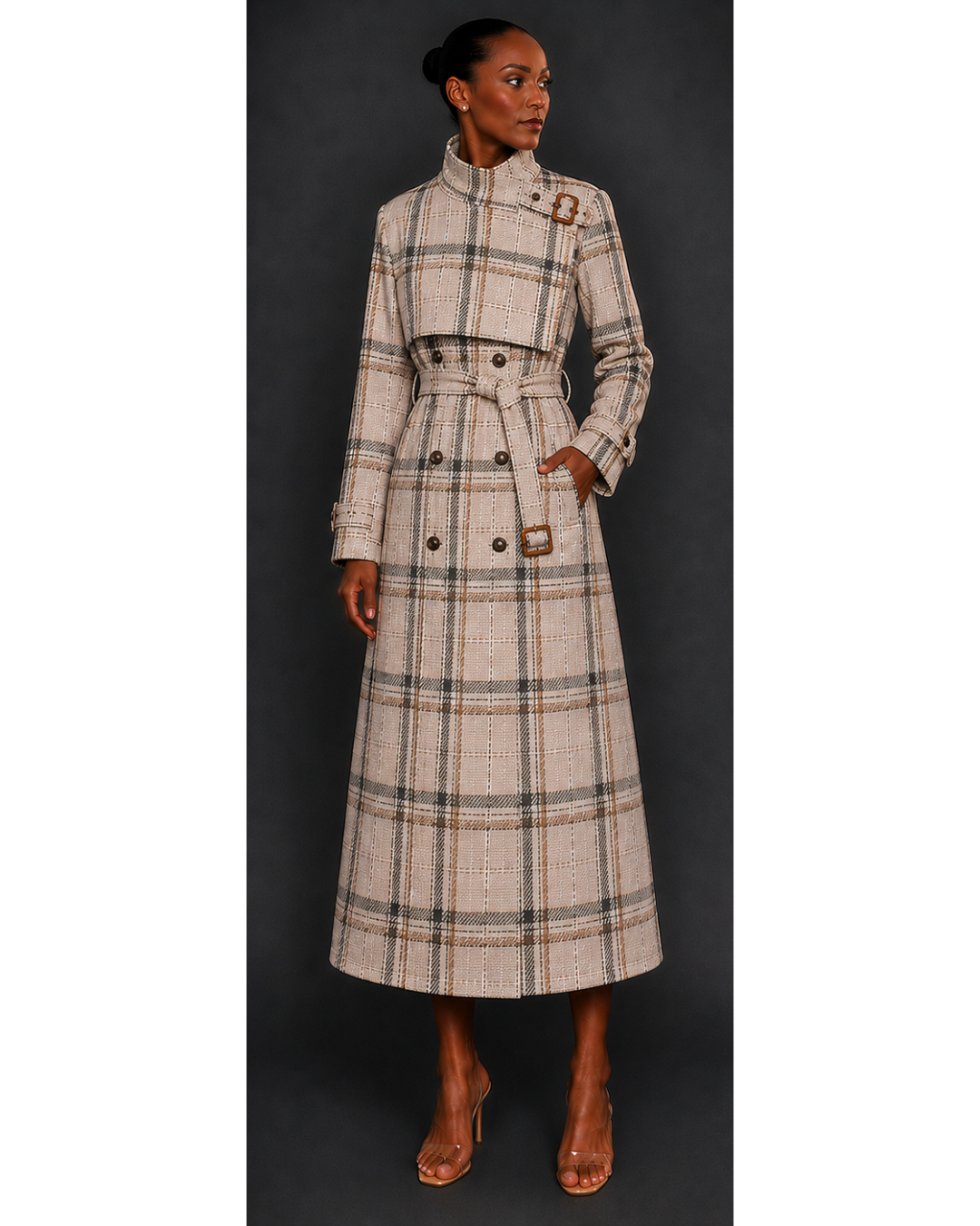 Woman wearing a plaid trench coat against a dark background