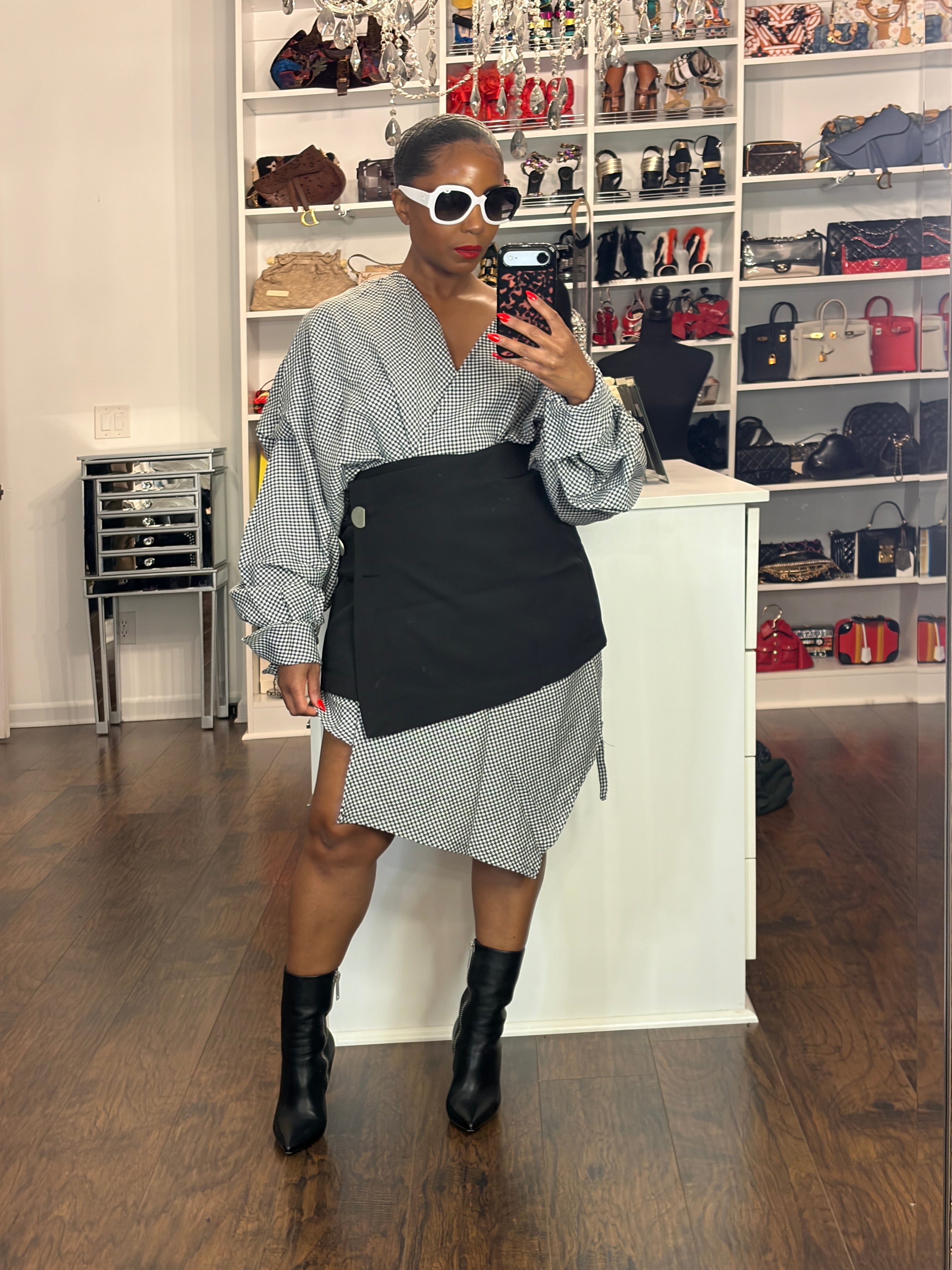 Two piece Checkered Wrap Dress Set - The Vault by Sacha