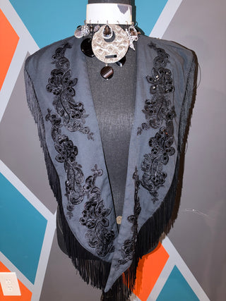 Black Lace Embroidered Fringe Poncho