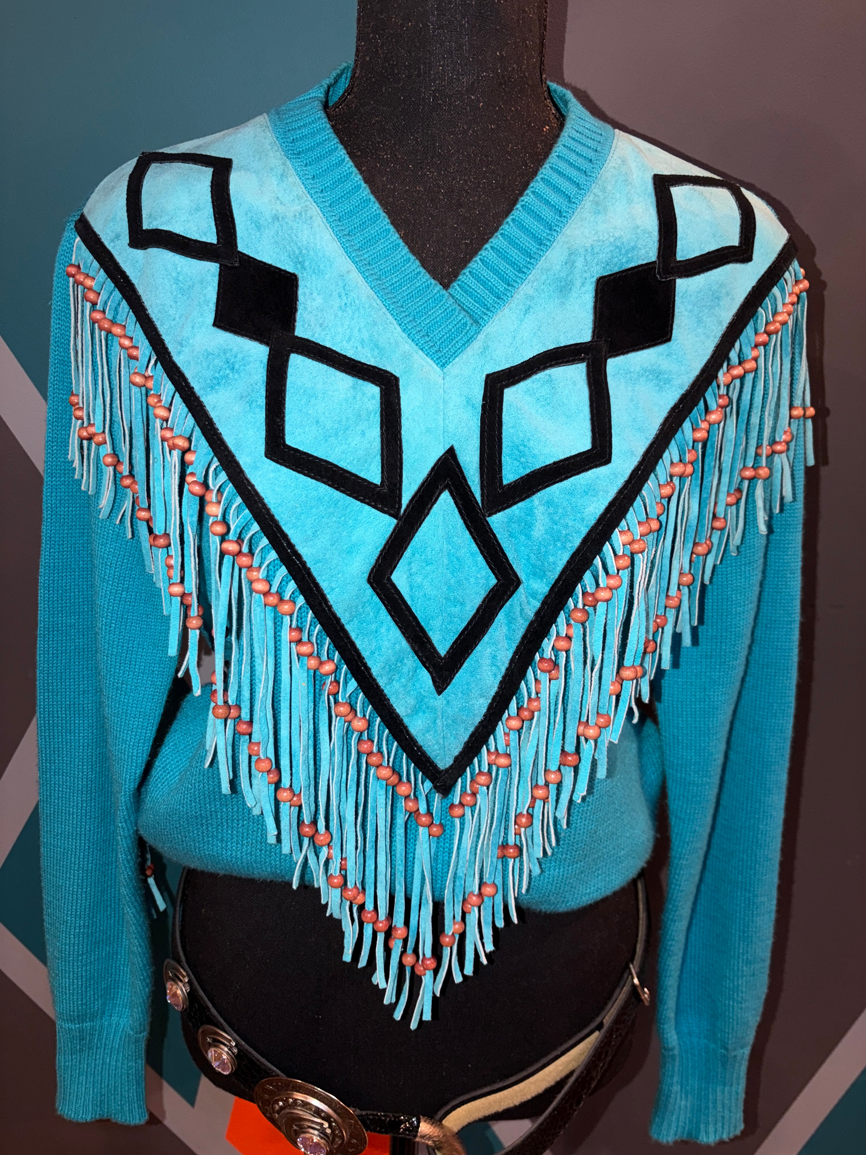 Teal & Black Diamond Print Fringe Beads Suede Sweater - The Vault by Sacha