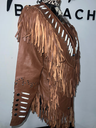 Brown Leather Fringe Studded Jacket