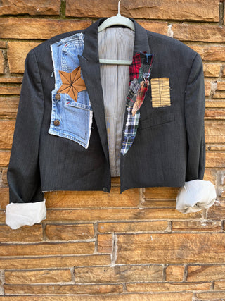 Custom Crop Denim + Plaid Patchwork Blazer