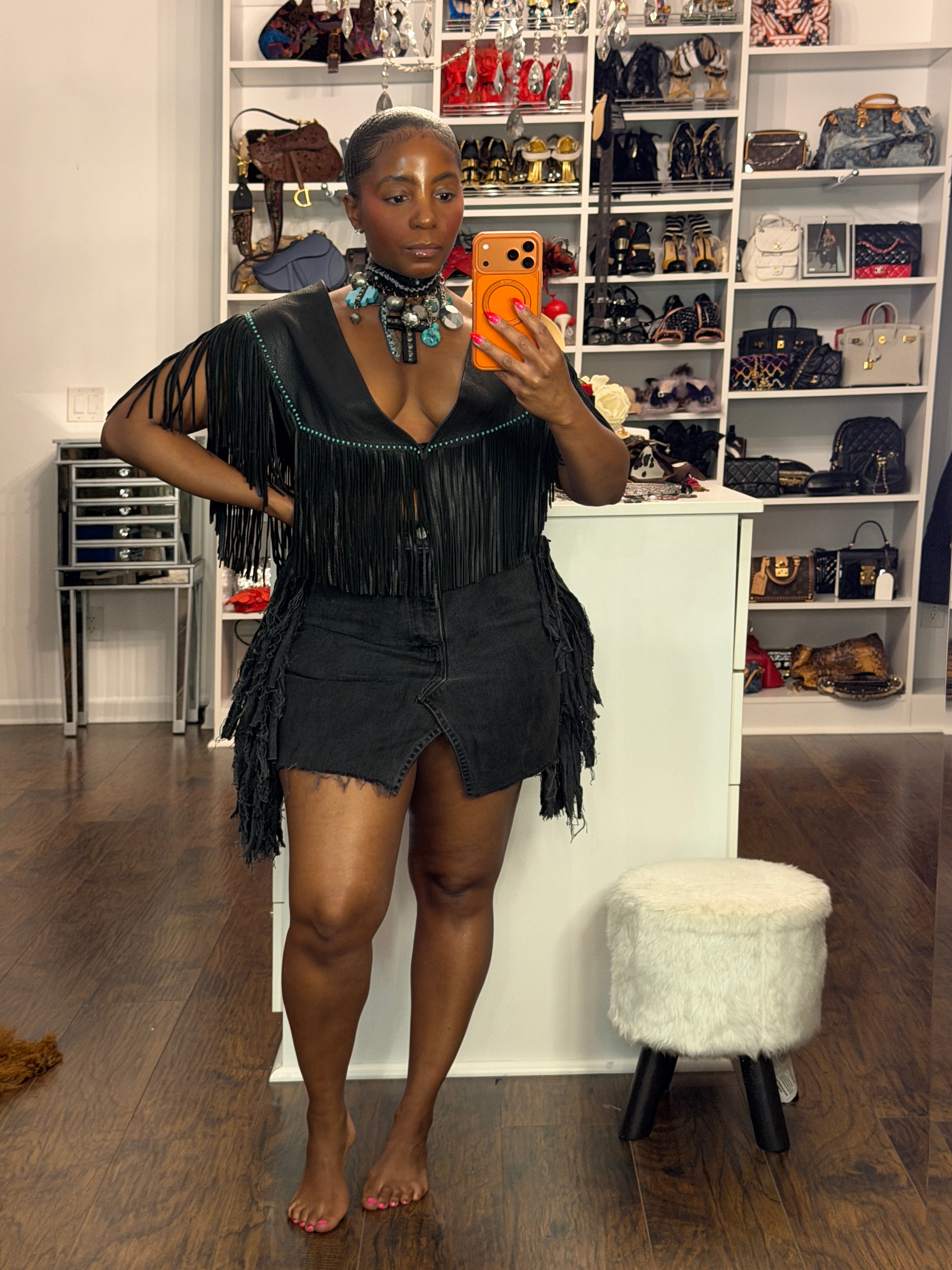 Leather fringe w/Turquoise beading