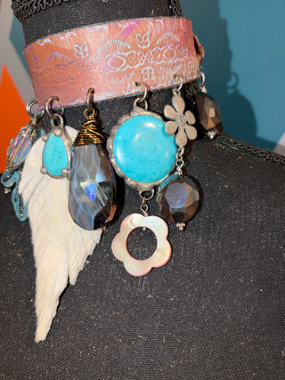 Feather Turquoise + Crystals Handmade Choker