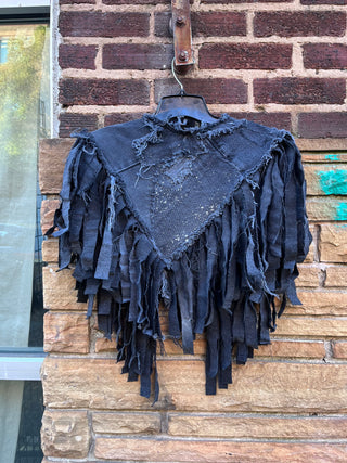 Custom Black Frayed Fringe Pocket Denim Poncho - The Vault by Sacha