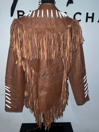 Brown Leather Fringe Studded Jacket