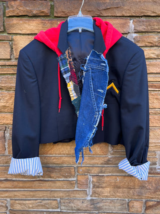Custom Red Hoodie Patchwork Denim/Plaid