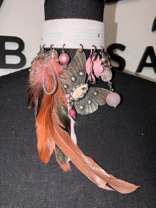 Butterfly Pink Feathers Handmade Leather Choker