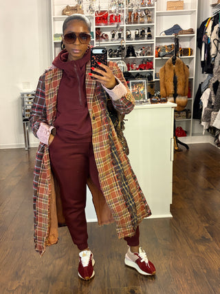 Rustic Revival Plaid Duster-Burgundy