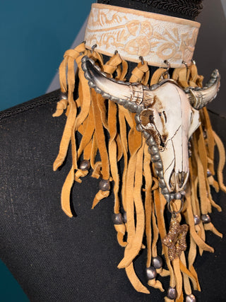 Bull Fossil Fringe Handmade Leather Choker