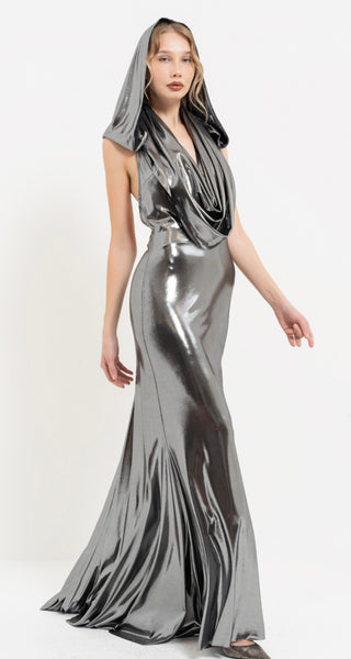 Gunmetal Metallic Hooded Dress