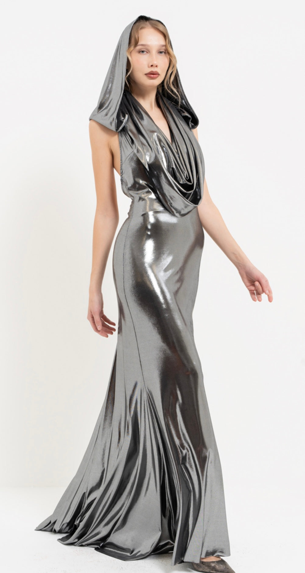 Gunmetal Metallic Hooded Dress - The Vault by Sacha