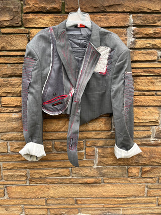 Custom UOMO Gray & Red Stitching Crop Blazer