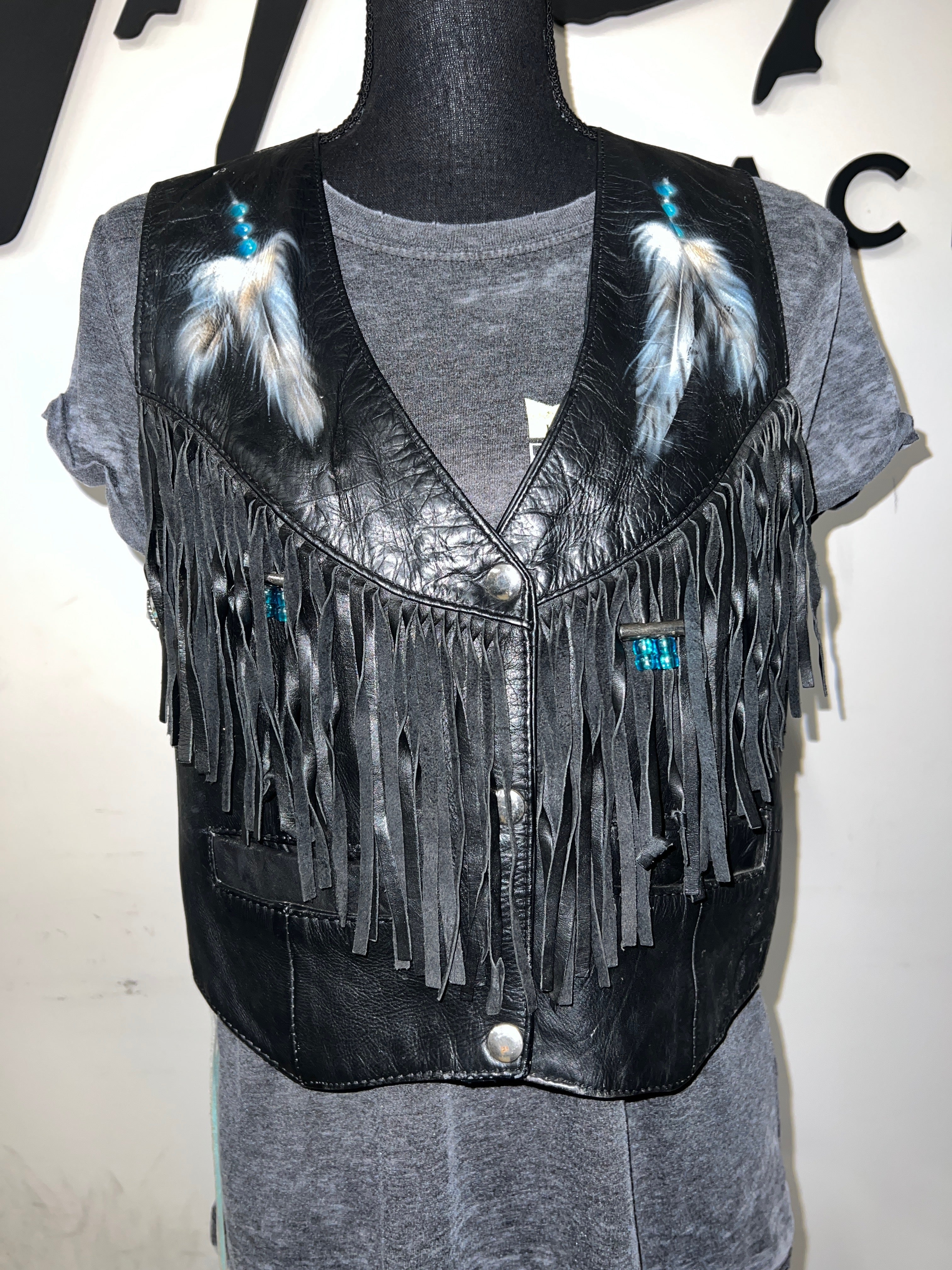 Hand Painted Beaded Fringe Leather Vest | L - The Vault by Sacha