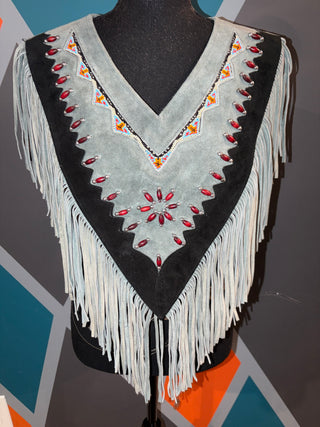 Blue Suede Beaded Fringe Poncho