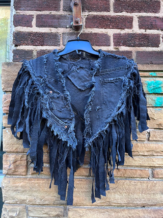 Custom Black Frayed Fringe Pocket Denim Poncho - The Vault by Sacha