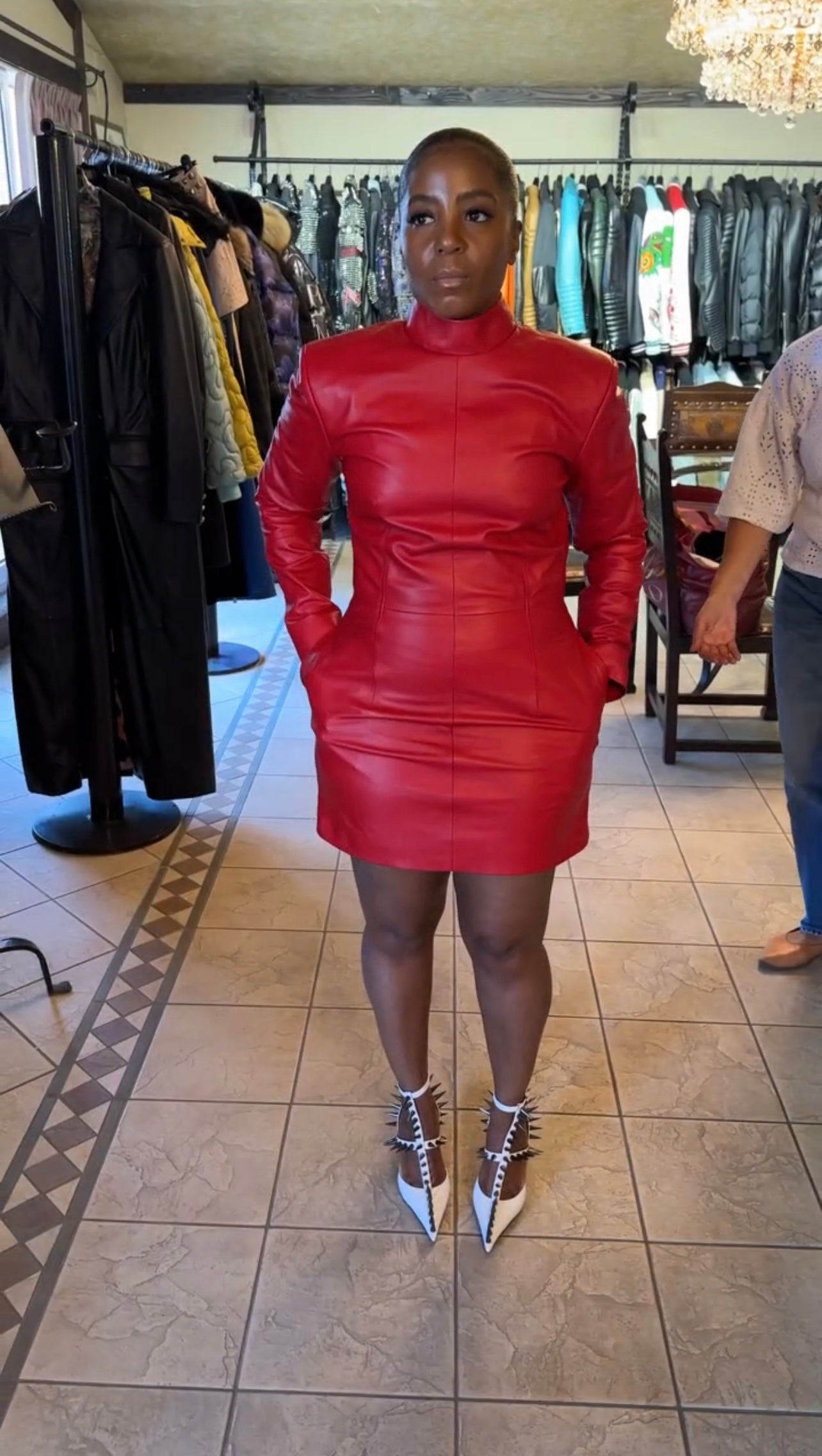 Red leather mini dress with pockets