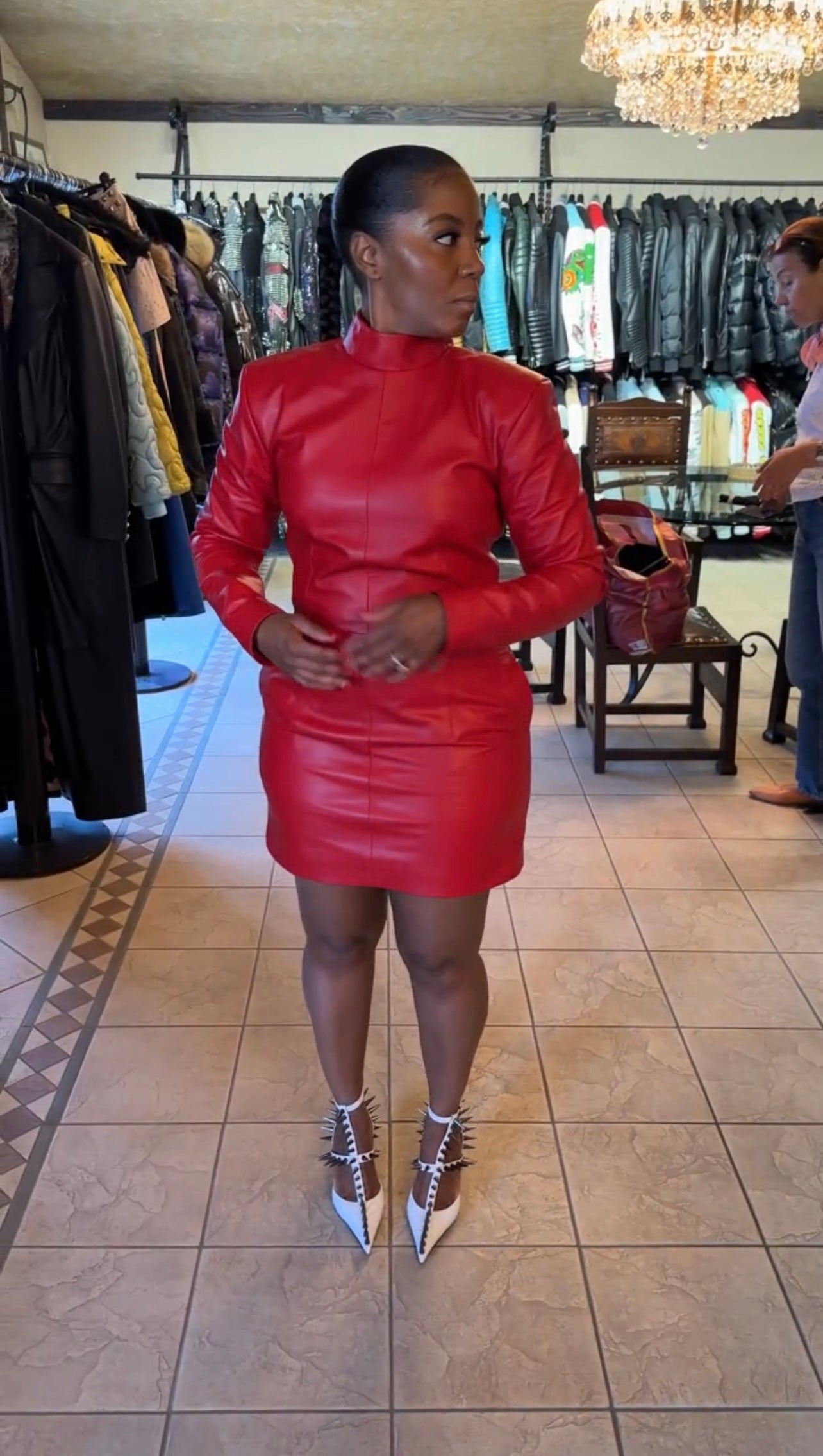 Red leather mini dress with pockets