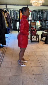 Red leather mini dress with pockets