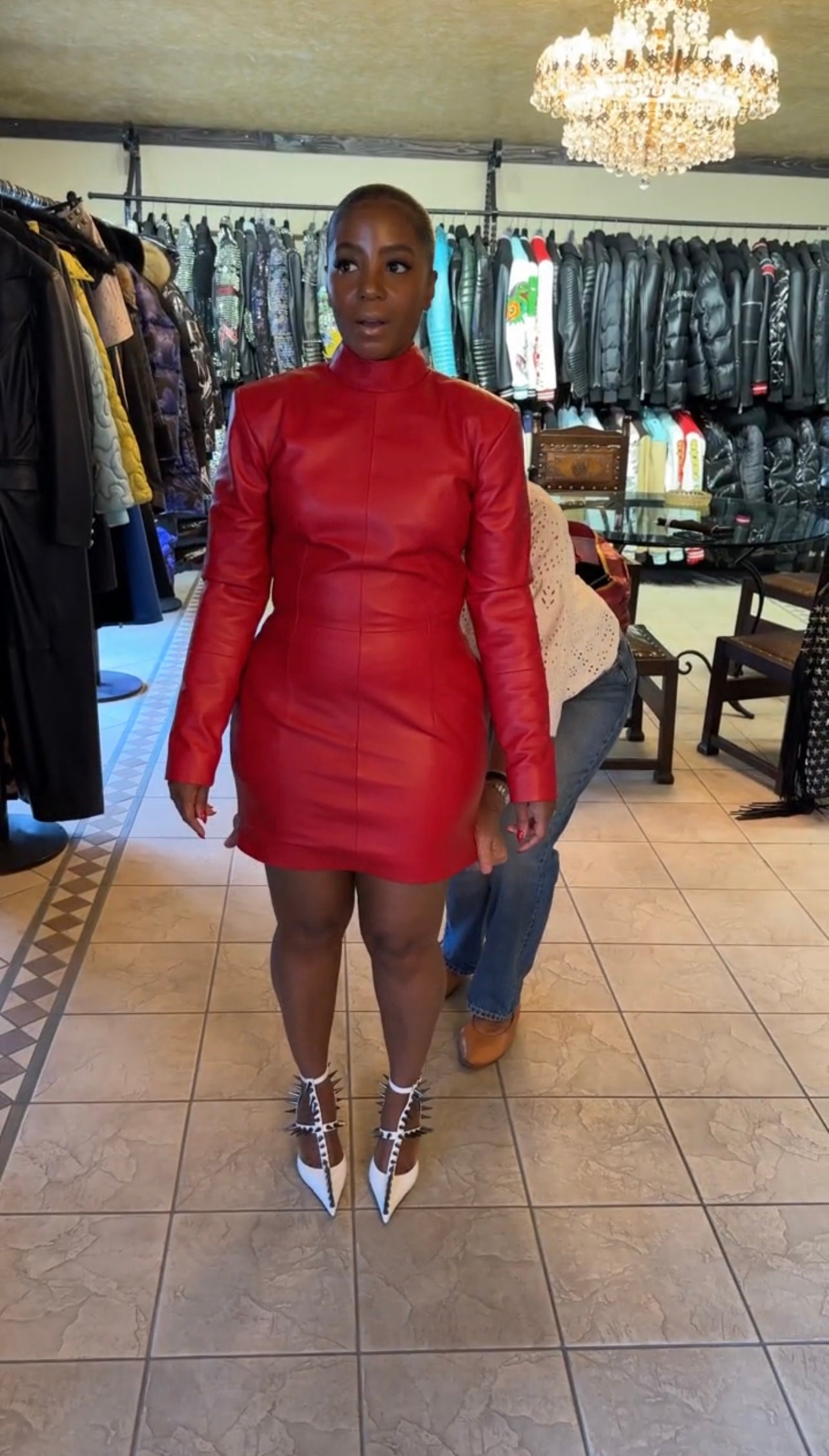 Red leather mini dress with pockets
