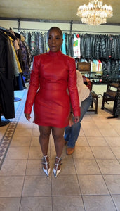 Red leather mini dress with pockets