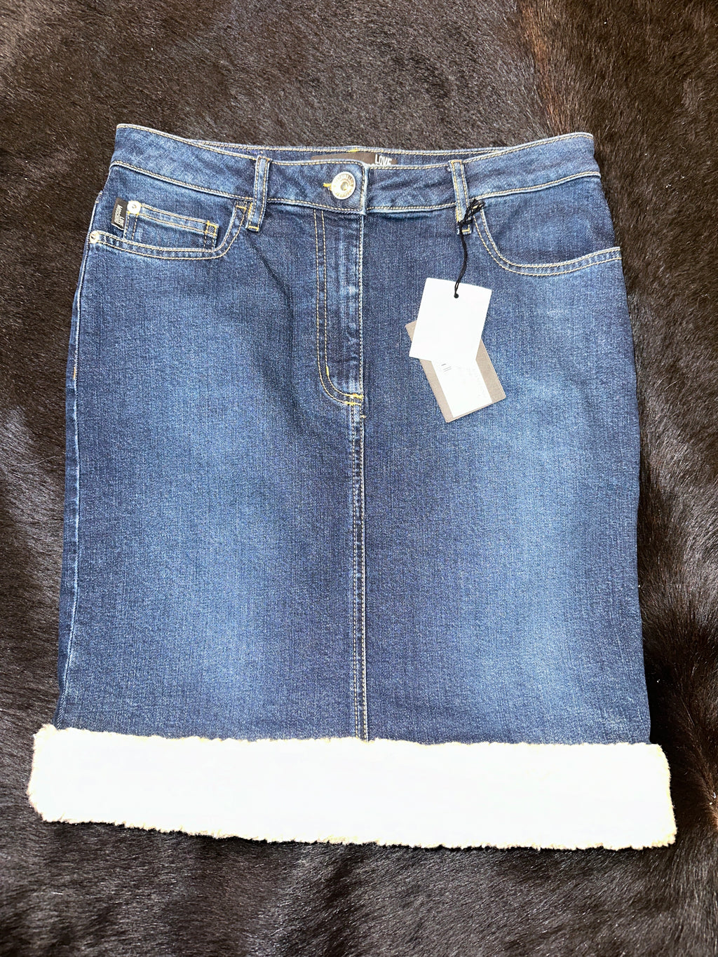 Moschino Stretch Denim Shearling Skirt - The Vault by Sacha