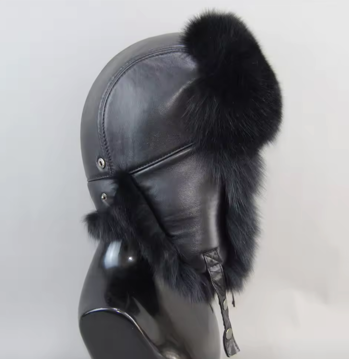 Black Genuine Leather & Fox Fur Trapper Hat - The Vault by Sacha