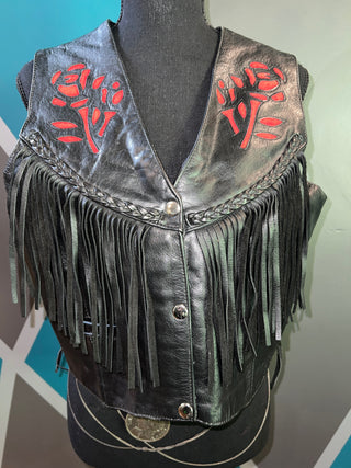 Red Ember Fringe Leather Vest | L