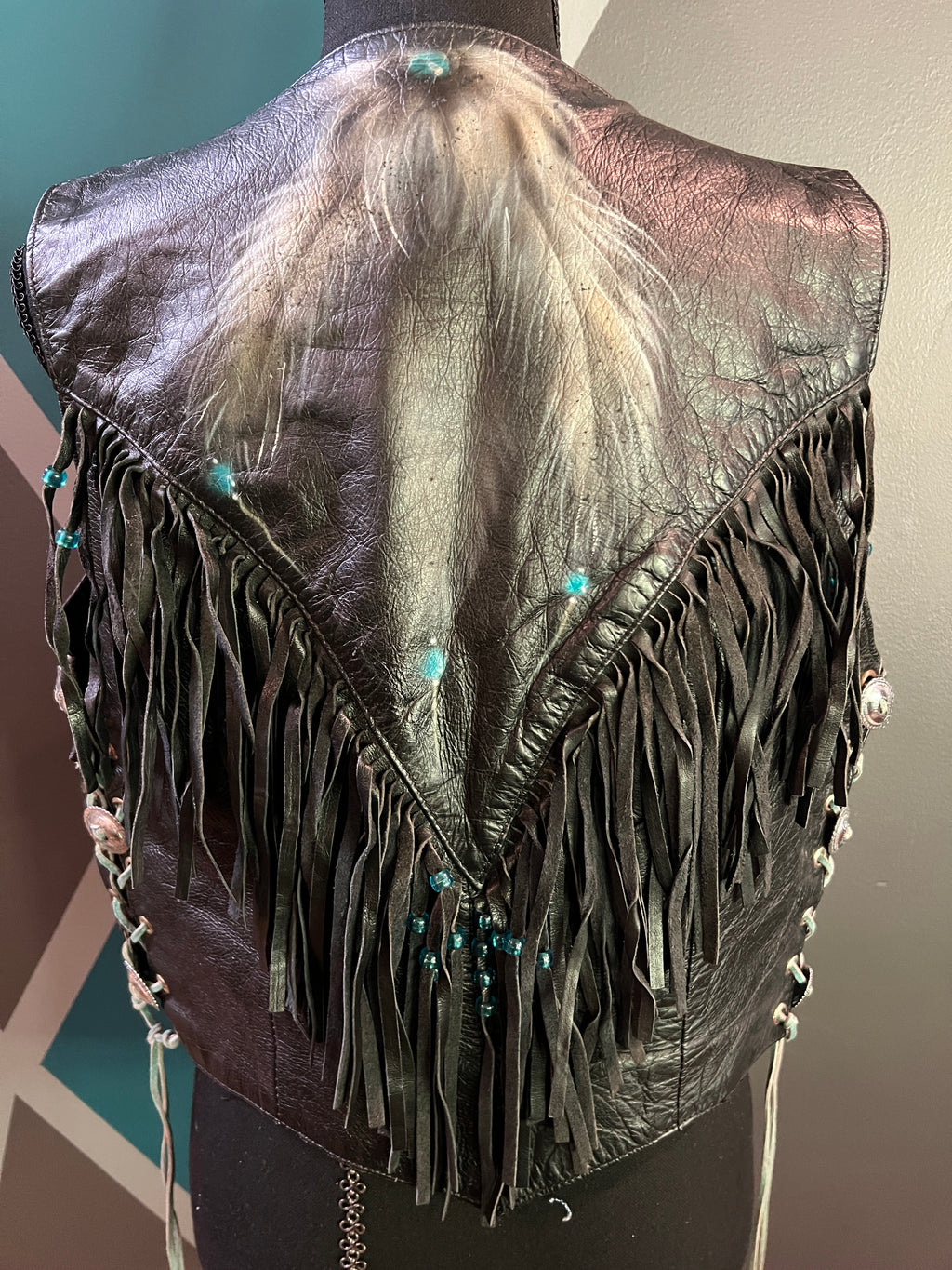 Hand Painted Beaded Fringe Leather Vest | L - The Vault by Sacha