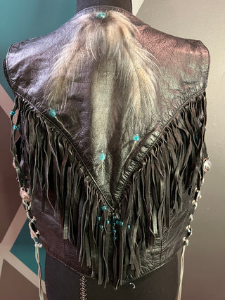 Hand Painted Beaded Fringe Leather Vest | L