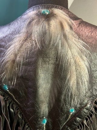 Hand Painted Beaded Fringe Leather Vest | L