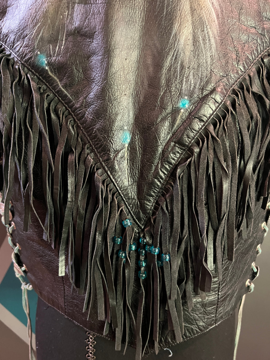 Hand Painted Beaded Fringe Leather Vest | L - The Vault by Sacha