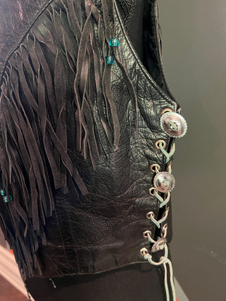 Hand Painted Beaded Fringe Leather Vest | L