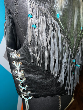 Hand Painted Beaded Fringe Leather Vest | L