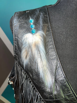 Hand Painted Beaded Fringe Leather Vest | L