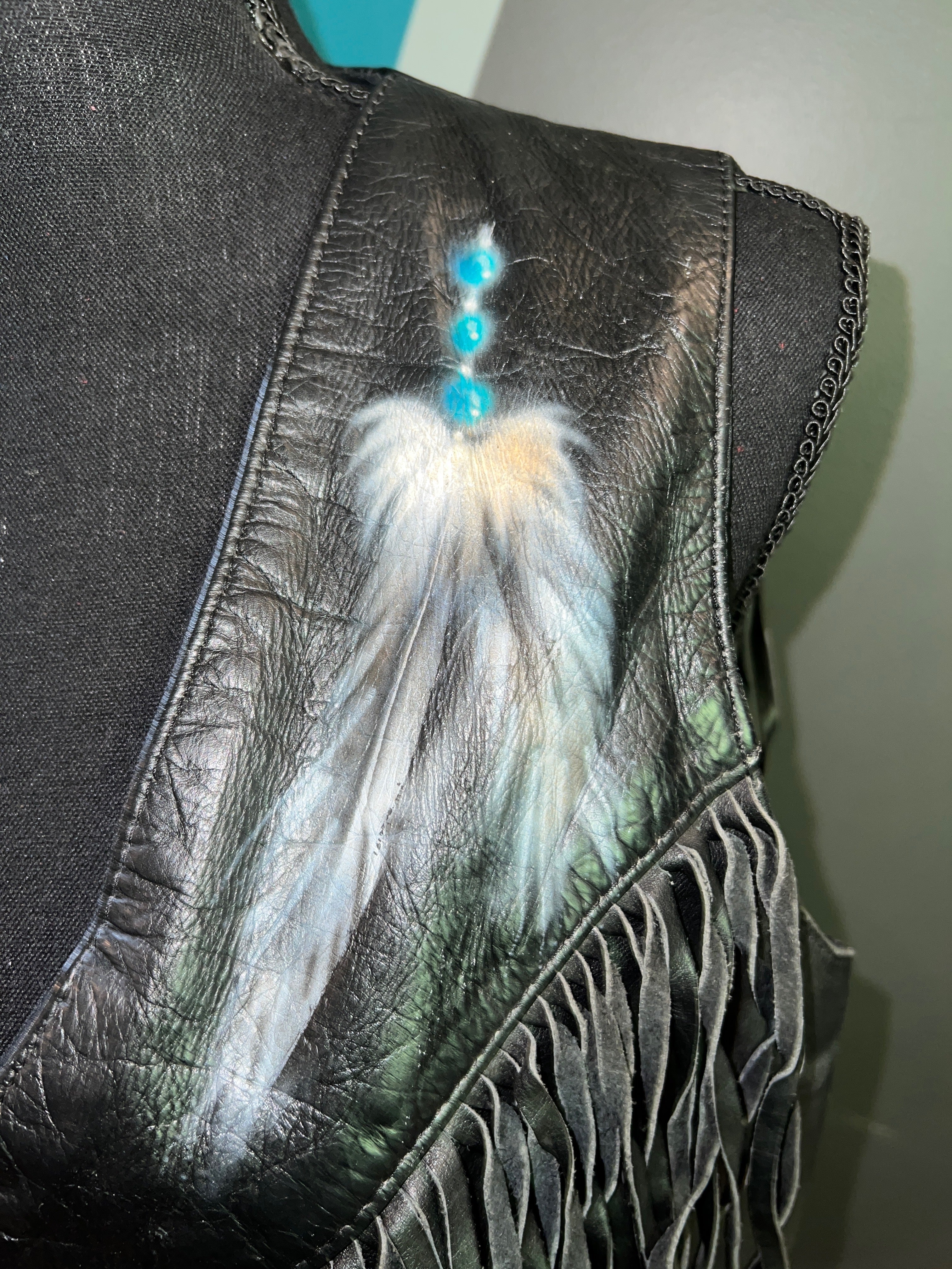 Hand Painted Beaded Fringe Leather Vest | L - The Vault by Sacha