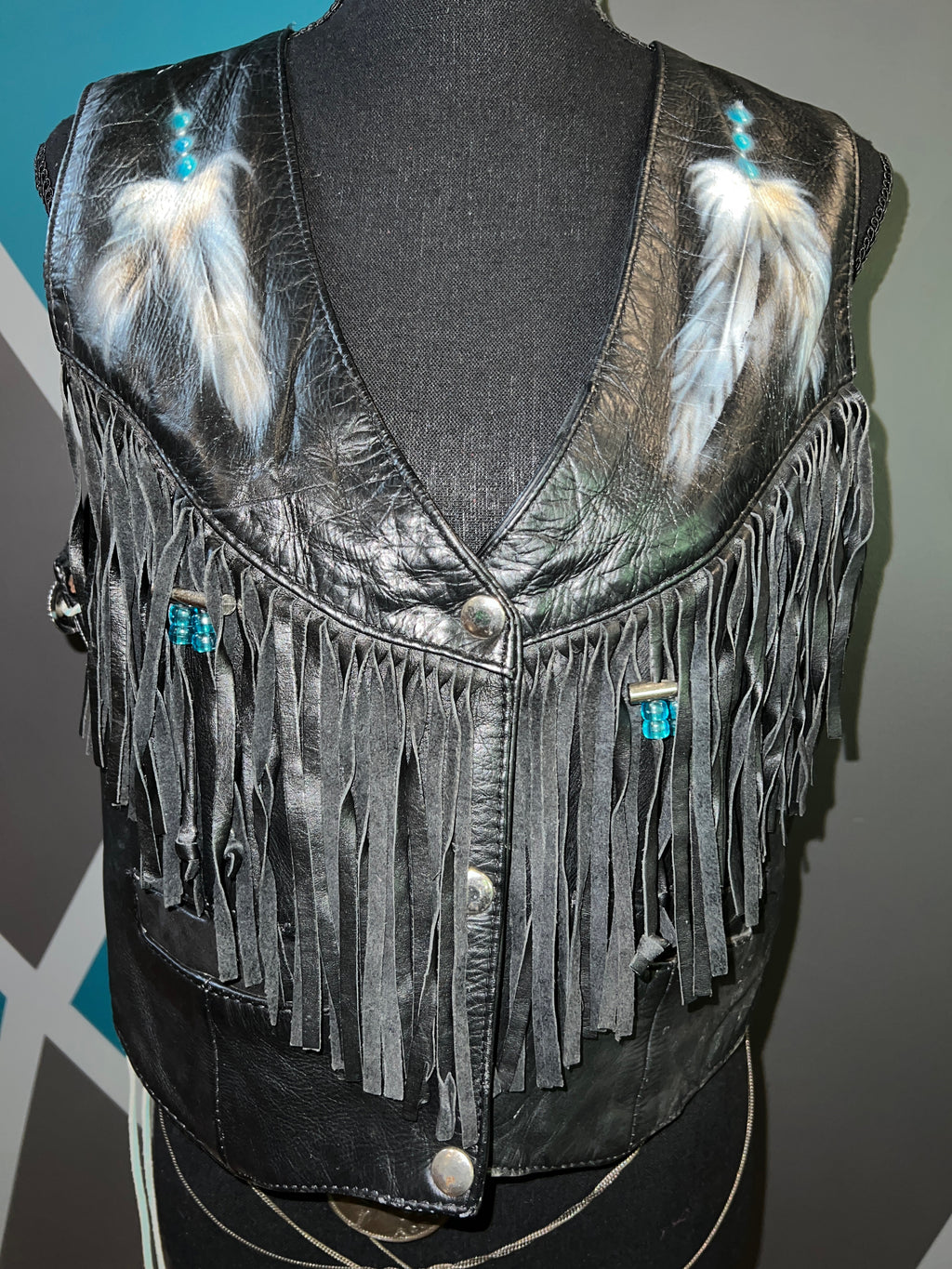 Hand Painted Beaded Fringe Leather Vest | L - The Vault by Sacha
