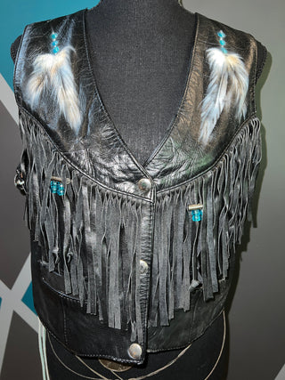 Hand Painted Beaded Fringe Leather Vest | L