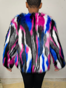 Pink, Black & Blue Faux Fur Coat