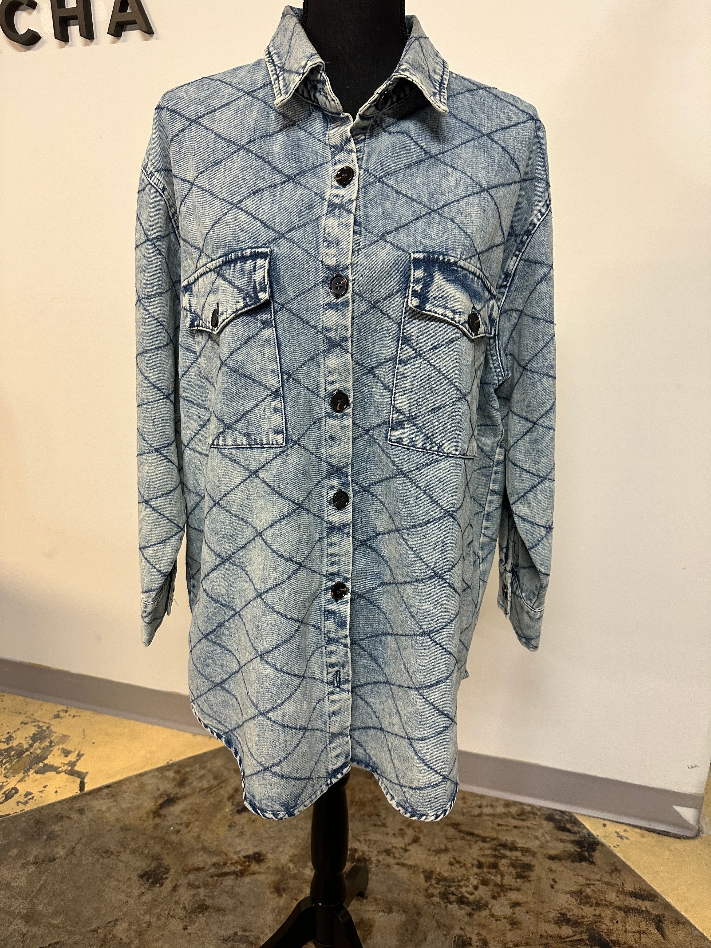 Blue Quilted Denim Button Up