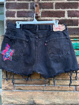 Custom Plaid Patch Drawstring Button Fly Shorts  | Size 40 (14/16) - The Vault by Sacha