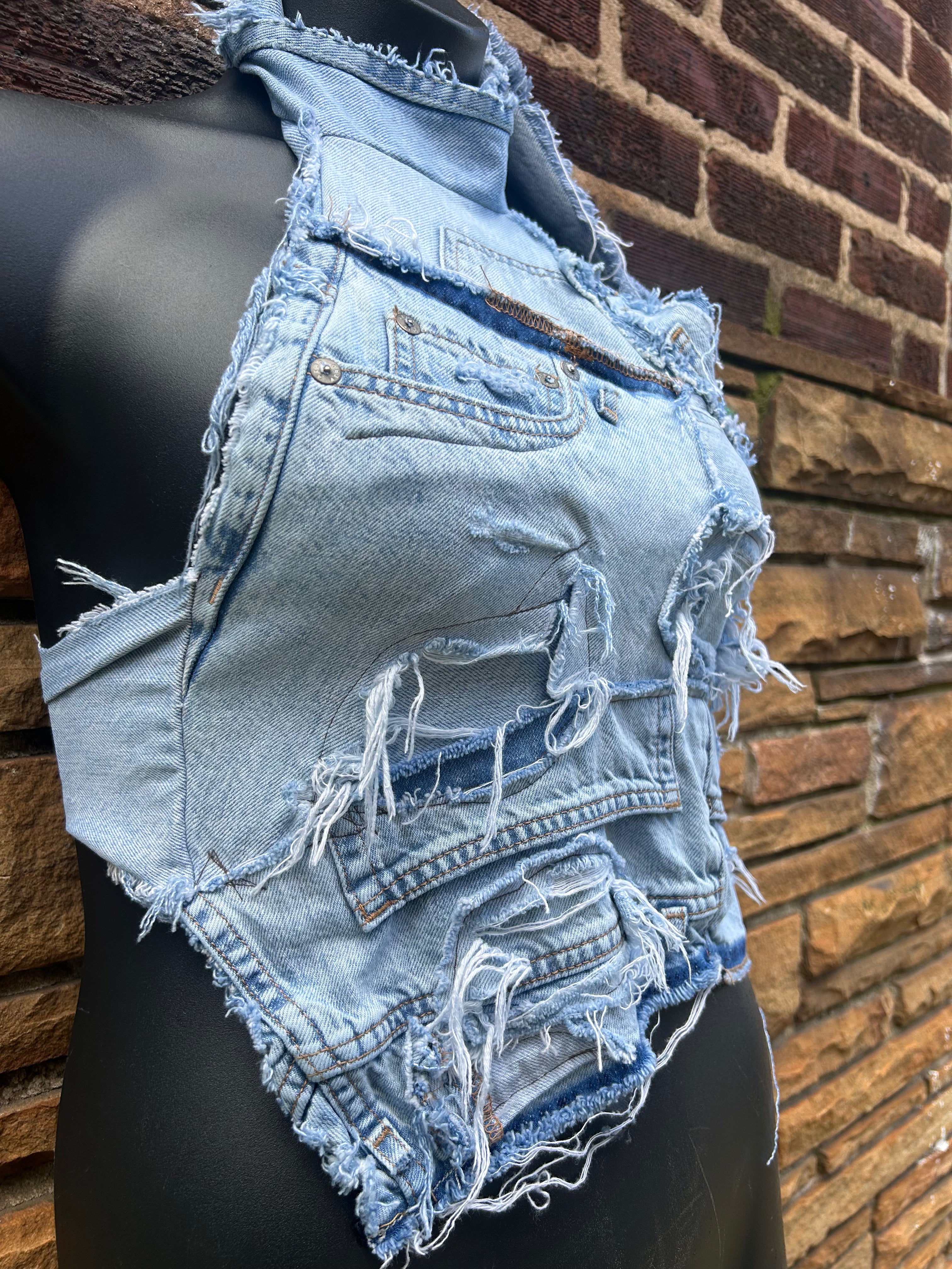 Light Wash Custom Distressed Halter | Size S/M - The Vault by Sacha