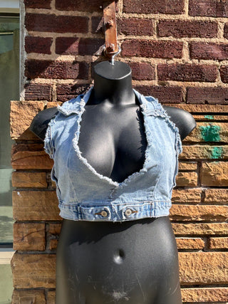 Collared Light Wash Denim Halter | Size M/L 100% Cotton