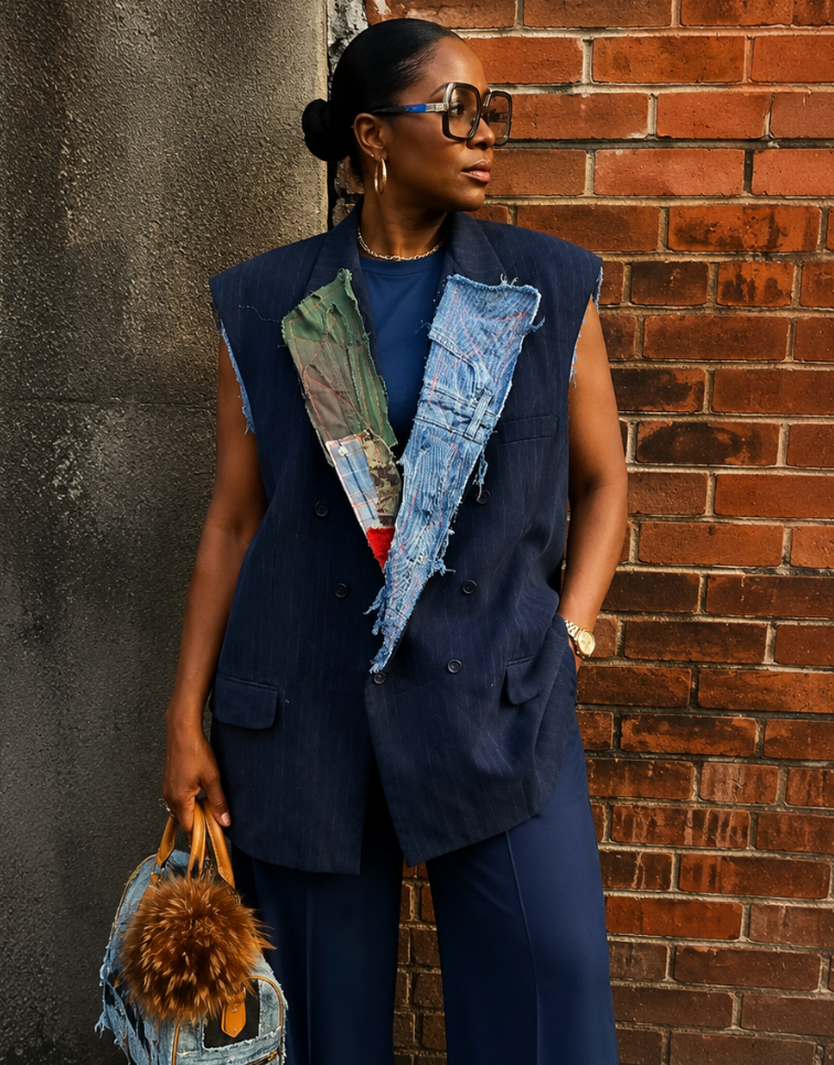 Custom Vintage Patchwork &  Buttons Sleeveless Blazer